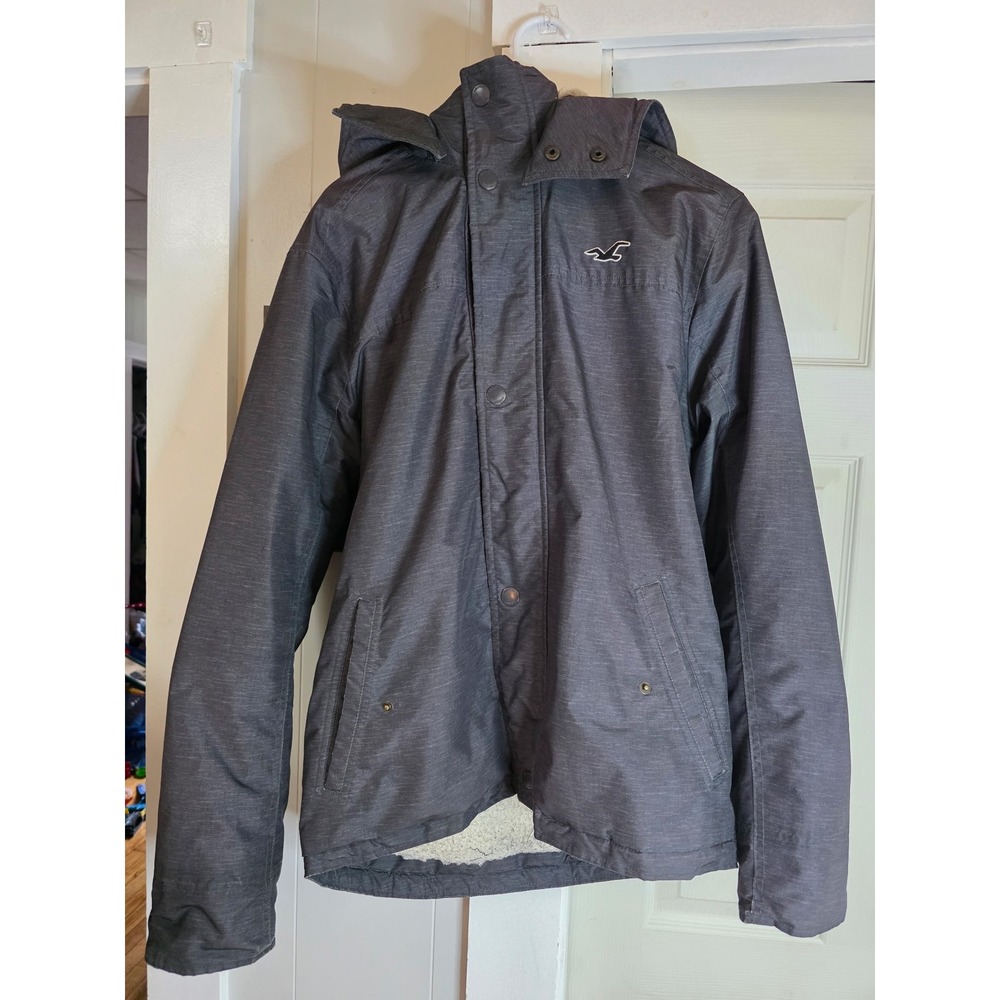 Hollister Sherpa Lined Hooded Jacket Gray M Preppy Winter Coat